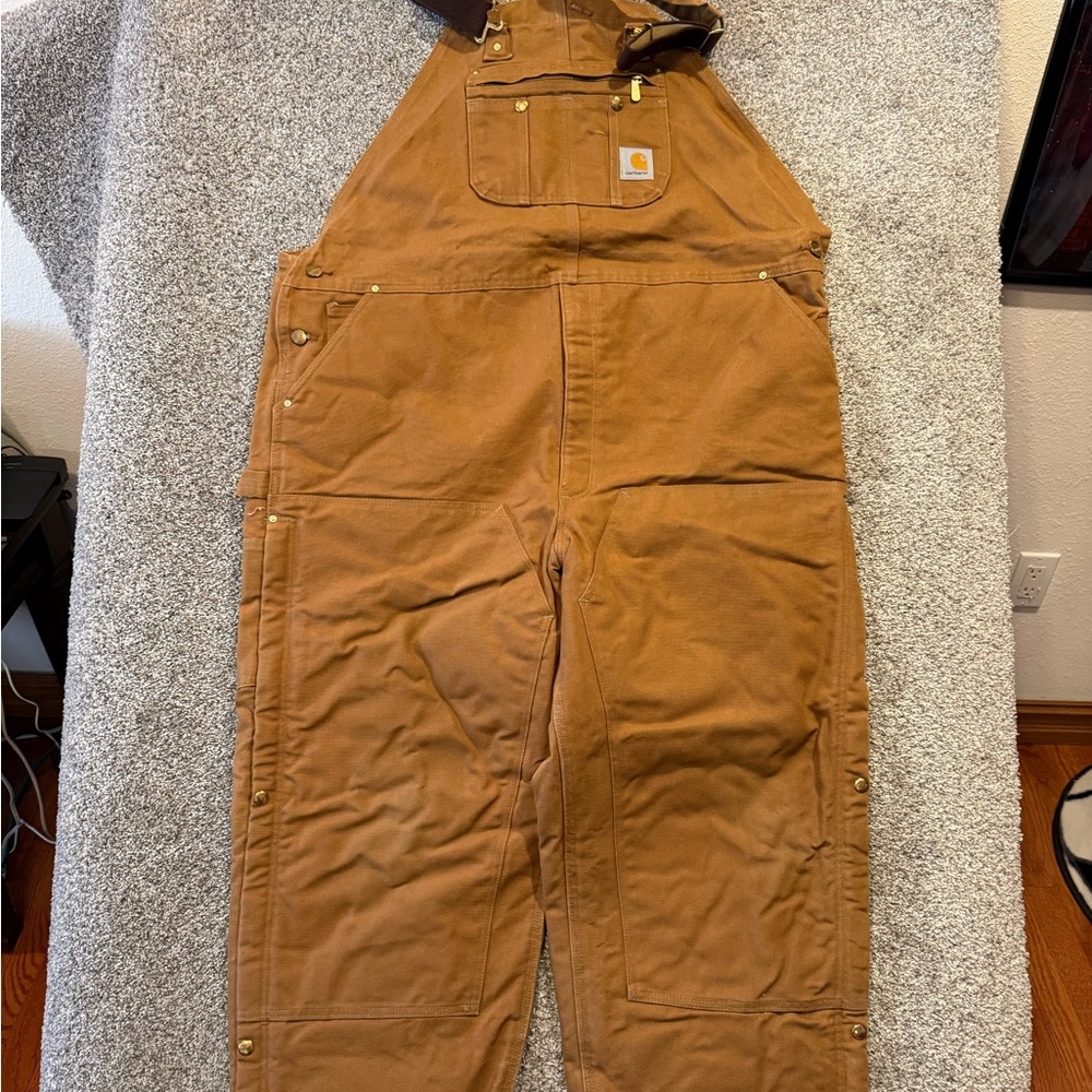 Carhartt Quilted Lined Duck Bib Overalls Mens 50x32‎ Zip To Thigh R41 BRN *